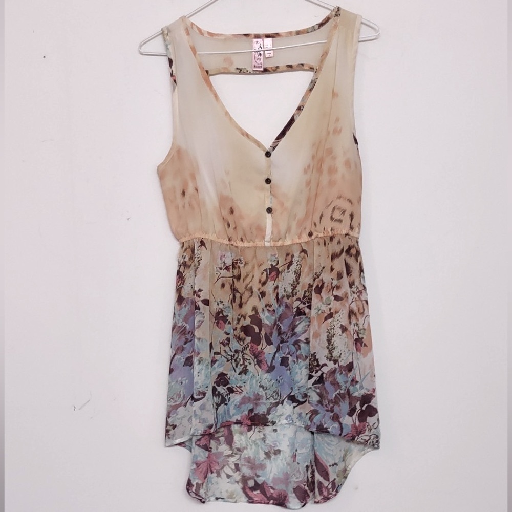 🌞 Dolled Up sleeveless high low Asymmetric sheer tunic top peekaboo back women S